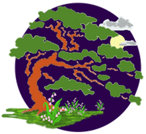 Logo of cypress tree with full moon in the sky and lilies of the valley at the foot of the tree